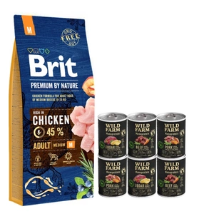 BRIT Premium By Nature Adult M 15kg + WILD FARM Monoprotein hipoalerginis šunų maistas – skonių rinkinys 6x400g