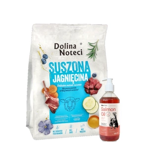 DOLINA NOTECI Premium džiovintas ėrienos ėdalas šunims 3kg + LAB V Lašišų aliejus šunims ir katėms 500ml