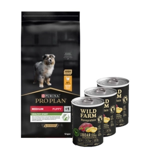 Purina Pro Plan Medium Puppy Optistart, vištiena ir ryžiai 12kg + Wild Farm Monoprotein Wild Boar 3x400g hipoalerginis šunų ėdalas