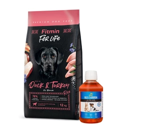 FITMIN dog For Life Duck & Turkey 12 kg + LAB V Lašišų aliejus šunims ir katėms 250ml