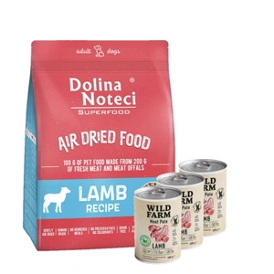 DOLINA NOTECI Superfood Lamb Dish – džiovintas šunų maistas 5 kg + Wild Farm Pate Lamb 3x400g ėrienos ėdalas šunims be glitimo