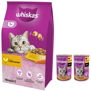 WHISKAS Adult 14kg - sausas kačių maistas su vištiena ir daržovėmis + WHISKAS Adult konservų dėžutė 2x400g