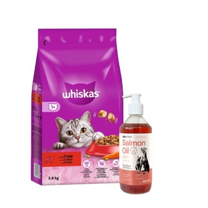 WHISKAS Adult 3,8 kg - sausas visavertis pašaras suaugusioms katėms su gardžia jautiena + LAB V Lašišų aliejus šunims ir katėms 500ml