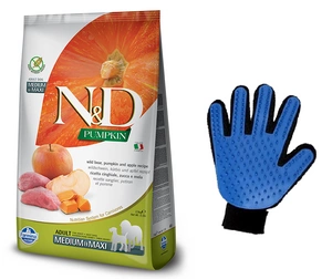 "Farmina N&D Pumpkin Grain Free" šunų veislės šunims BOAR AND APPLE ADULT MEDIUM & MAXI 12kg + nemokama šukavimo pirštinė