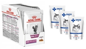 ROYAL CANIN Renal su vištiena 12x85g paketėlis + ENZO VET Renal su jautiena želė katėms 3x100g