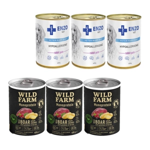 Wild Farm Monoprotein Wild Boar 3x400g hipoalerginis šunų ėdalas +ENZO VET Hipoalerginė dieta su triušiena šunims 3x400g