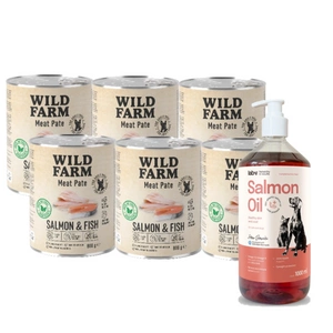 WILD FARM Pate Salmon&Fish 6x800g ėdalas šunims be glitimo + LAB V Lašišų aliejus šunims ir katėms 1000ml