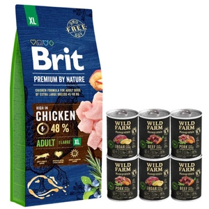BRIT Premium By Nature Adult XL 15kg + WILD FARM Monoprotein hipoalerginis šunų maistas – skonių rinkinys 6x400g