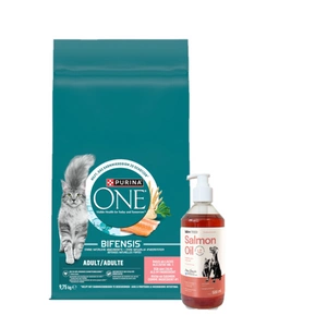 Purina One Adult lašišos ir kviečių ėdalas katėms 9,75 kg + LAB V Lašišų aliejus šunims ir katėms 500ml