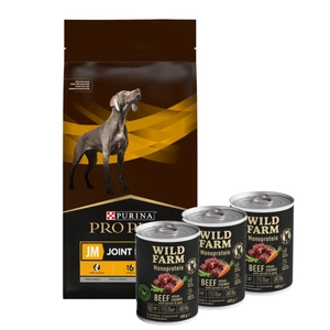 PURINA Veterinary PVD JM Joint Mobility 12kg + Wild Farm Monoprotein Beef 3x400g hipoalerginis maistas šunims