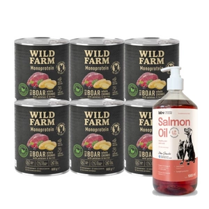 WILD FARM Monoprotein Wild Boar 6x800g hipoalerginis šunų ėdalas + LAB V Lašišų aliejus šunims ir katėms 1000ml