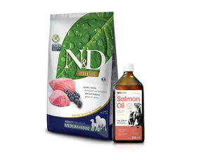 FARMINA N&D Prime canine LAMB & BLUEBERRY ADULT MEDIUM&MAXI DRY FOOD 12kg + Lab-V 100% lašišų aliejus įvairaus amžiaus šunims ir katėms 500ml šalto spaudimo