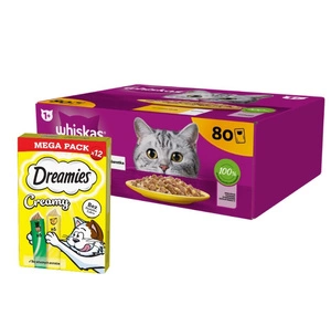 WHISKAS Adult paketėlis 80 x 85 g + DREAMIES Kreminis su sūriu ir katžole 12x10g