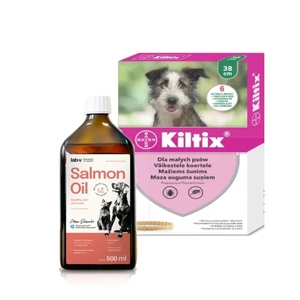 Bayer KILTIX, antkaklis mažiems šunims 38cm + Lab-V 100% lašišų aliejus įvairaus amžiaus šunims ir katėms 500ml šalto spaudimo