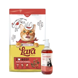 VERSELE-LAGA Lara Adult Beef 7kg - Suaugusių kačių ėdalas su jautienos skoniu + LAB V Lašišų aliejus šunims ir katėms 500ml