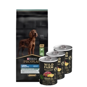 Purina Pro Plan Large Adult Athletic Optidigest, ėriena ir ryžiai 14kg + Wild Farm Monoprotein Wild Boar 3x400g hipoalerginis šunų ėdalas
