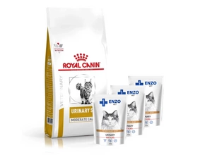 ROYAL CANIN Urinary S/O Moderate Calorie UMC34 9kg + ENZO VET šlapalas su jautiena želė katėms 3x100g