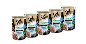 SHEBA skardinė 5x400 g Nature's Collection - drėgnas visavertis ėdalas suaugusioms katėms su balta žuvimi ir kepenėlėmis su morkų garnyru, terine