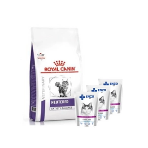 ROYAL CANIN Neutered Satiety Balance 1,5kg + ENZO VET Sterilizuota dieta sterilizuotoms katėms su kalakutiena želė 3x100g