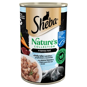 SHEBA skardinė 400 g Nature's Collection - drėgnas visavertis ėdalas suaugusioms katėms su balta žuvimi ir kepenėlėmis su morkų garnyru, terine