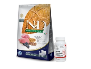 Farmina N&D LAMBULIŠKAS MĖLYNAUOGIS MEDIUM MAXI 12kg + LAB-V Arthro Comfort - Visapusiška sąnarių ir raumenų bei skeleto sistemos sveikata šunims ir katėms 45 kapsulės