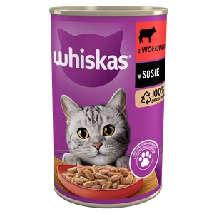 WHISKAS Adult konservų dėžutė 400g - drėgnas kačių ėdalas su jautiena padaže