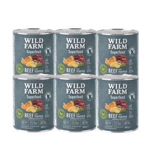 WILD FARM Superfood Beef (jautiena su moliūgais, bulvėmis ir petražolėmis) 6x800 g pašaro šunims be grūdų