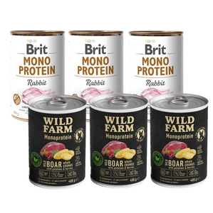 BRIT MONO PROTEIN RABBIT 3x400g + Wild Farm Monoprotein Wild Boar 3x400g hipoalerginis šunų ėdalas