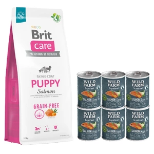 BRIT CARE Dog Grain-free Puppy Salmon 12kg + Wild Farm Superfood Salmon lašiša 6x400 g pašaro šunims be grūdų