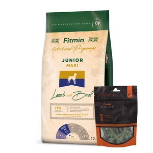 FITMIN Maxi Junior Lamb&Beef 12kg + FITMIN Dantų skanėstas šunims su jūros dumbliais 70g