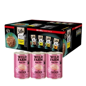 SHEBA paketėliai 80x85g Delicacy Paukštienos skonio - drėgnas kačių maistas, su želė, su antiena, su vištiena, su paukštiena, su kalakutiena +  WILD FARM Paštetas su vištiena 3x400g