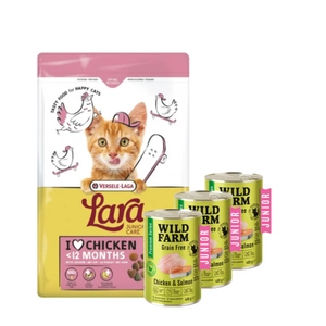VERSELE-LAGA Lara Junior 1.9kg - Maistas kačiukams ir jaunoms katėms + WILD FARM Premium Grain Free Chicken and Salmon Junior 3x400g - kačiukų ėdalas be grūdų