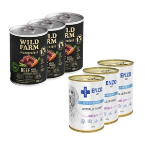 ENZO VET Hipoalerginė dieta su triušiena šunims 3x400g + Wild Farm Monoprotein Beef 3x400g hipoalerginis maistas šunims