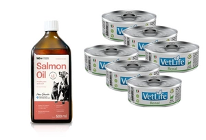 Farmina Vet Life Renal Cat 6x85g + Lab-V 100% lašišų aliejus įvairaus amžiaus šunims ir katėms 500ml šalto spaudimo