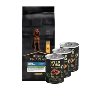 Purina Pro Plan Large Puppy Athletic Optistart, vištiena ir ryžiai 12kg + Wild Farm Monoprotein Beef 3x400g hipoalerginis maistas šunims