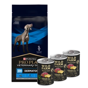 PURINA Veterinary PVD DRM Dermatosis 12kg + Wild Farm Monoprotein Wild Boar 3x400g hipoalerginis šunų ėdalas