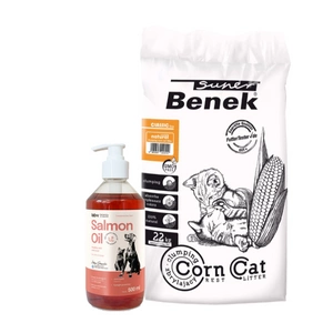 SUPER BENEK kukurūzų kraikas, natūralus kvapas 35L + LAB V Lašišų aliejus šunims ir katėms 500ml