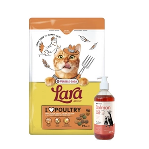 VERSELE-LAGA Lara Adult Turkey & Chicken 1.9kg - suaugusių kačių maistas su vištiena ir kalakutiena + LAB V Lašišų aliejus šunims ir katėms 500ml