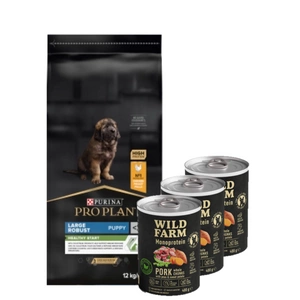 Purina Pro Plan Large Puppy Robust Optistart, vištiena ir ryžiai 12kg + Wild Farm Monoprotein Pork 3x400g hipoalerginis maistas šunims