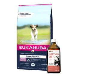 EUKANUBA Puppy&Junior Small/Medium Grain Free 12kg + LAB V Vitaminų praturtintas lašišų aliejus 500ml  5% PIGIAU