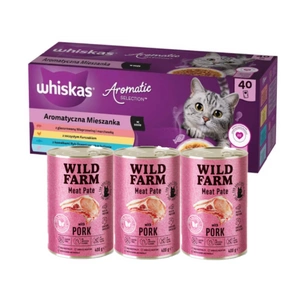 WHISKAS Adult Aromatic Mix 40x85 g - drėgnas kačių maistas + WILD FARM Paštetas su kiauliena 3x400g - maistas katėms be glitimo