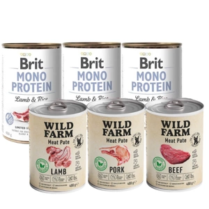 BRIT MONO BALTYMŲ JĖGŪNAS IR RUDONIEJI RYŽIAI 3x400g + Wild Farm Pate Lamb 3x400g skonių rinkinys
