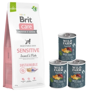 BRIT CARE Sustainable Sensitive Insect & Fish 12kg + Wild Farm Superfood Beef 3x400 g pašaro šunims be grūdų