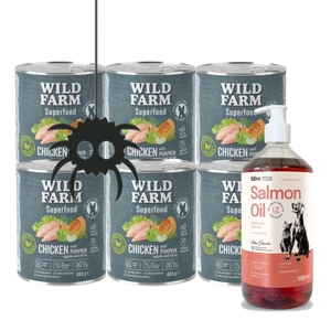 WILD FARM Superfood Chicken (Vištiena su moliūgais, obuoliais ir žolelėmis) 6x800 g pašaro šunims be grūdų + LAB V Lašišų aliejus šunims ir katėms 1000ml