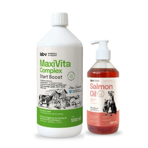 Lab-v MaxiVita Complex - papildomas pašaras - multivitaminas, skystas, skirtas naminiams paukščiams, vandens paukščiams, balandžiams, kiaulėms, galvijams, avims ir ožkoms 1000 ml + LAB V Lašišų aliejus šunims ir katėms 500ml
