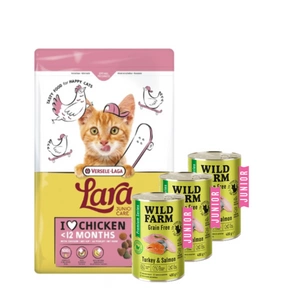 VERSELE-LAGA Lara Junior 1.9kg - Maistas kačiukams ir jaunoms katėms +  WILD FARM Premium Grain Free Turkey and Salmon Junior 3x400g - kačiukų ėdalas be grūdų
