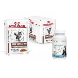 ROYAL CANIN Gastro Intestinal Moderate Calorie GIM 35 12x85g paketėlis (padažas) + LAB-V Synbiotic Vet - virškinamojo trakto sveikata ir žarnyno mikroflora šunims ir katėms 45 kapsulės
