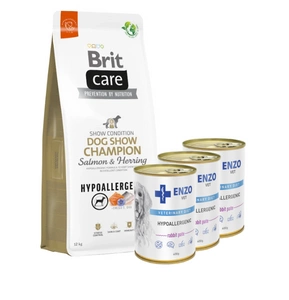 BRIT CARE Dog Hypoallergenic Dog Show Champion Lašiša ir silkė 12kg + ENZO VET Hipoalerginė dieta su triušiena šunims 3x400g