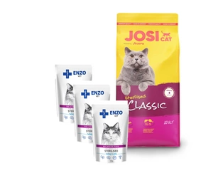 JOSERA JosiCat Classic Sterilised 10kg + 3x ENZO VET Sterilizuota dieta sterilizuotoms katėms su kalakutiena želė 100g