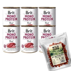 BRIT MONO PROTEIN BEEF 6x400g + WILD FARM ėrienos ritinėliai 500g skanėstai šunims